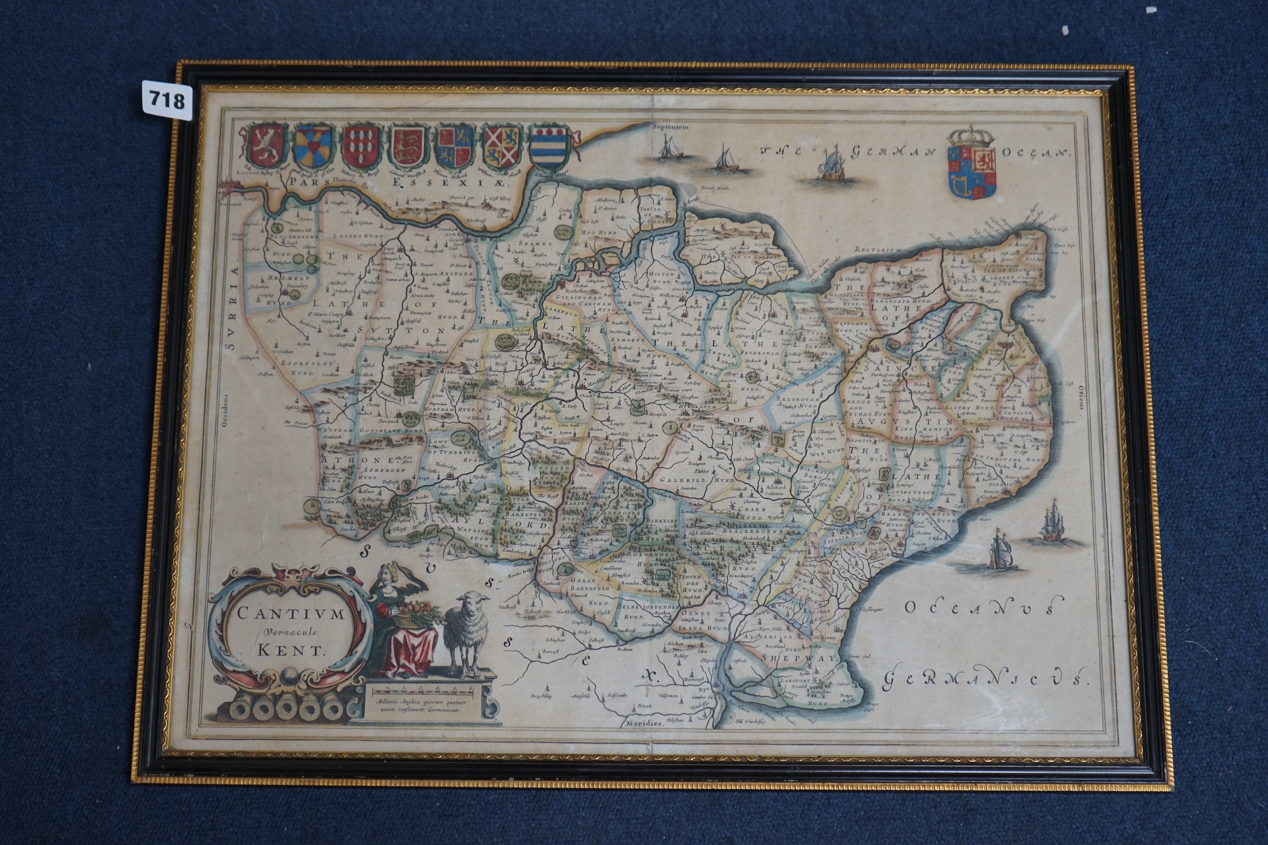 After Joan Blaeu (1596-1673), hand coloured engraved map of Kent, 39 x 54cm. Condition - poor to fair